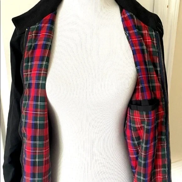 Mens Vintage Izod Sz Large Jacket Coat Lightweight Black Plaid Logo Crest EUC